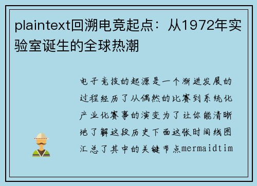 plaintext回溯电竞起点：从1972年实验室诞生的全球热潮